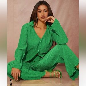 button front lettuce trim shirt & wide leg pants set